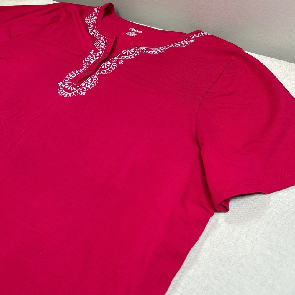 Liz&Me Womens 4X Magenta Pink Embroidered Henley Short Sleeve Top 30/32W RN99249